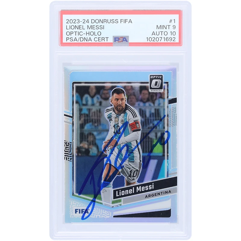 Carte Panini Donruss FIFA Optic Holo #1 authentifiée 9/10 signée Lionel Messi, équipe nationale argentine 2023-24