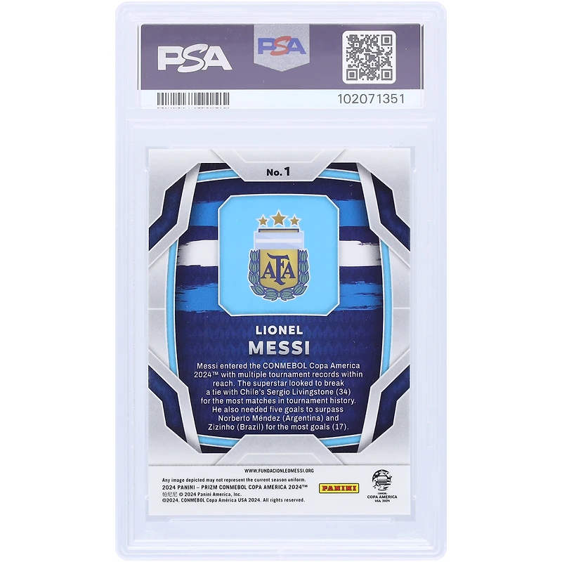 Carte Panini Prizm Copa America n°1 2024 autographiée par Lionel Messi, équipe nationale argentine, PSA, authentifiée, Mint 9