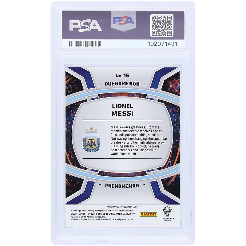 Carte Panini Prizm Phénomène Copa America 2024 autographiée par Lionel Messi de l'équipe nationale argentine #15 PSA authentifiée Mint 9