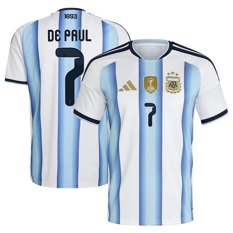 Maillot adidas Rodrigo de Paul blanc pour homme, réplique l'équipe nationale d'Argentine 2026 domicile