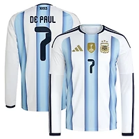Men's adidas Rodrigo De Paul White Argentina National Team 2026 Home Replica Long Sleeve Jersey