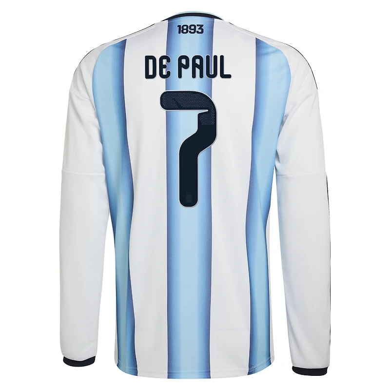 Maillot domicile réplique manches longues adidas Rodrigo de Paul blanc l'équipe nationale d'Argentine 2026