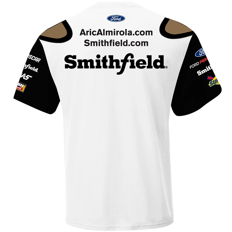 T-shirt d'uniforme sublimé blanc Aric Almirola Smithfield Collection Stewart-Haas Racing Team pour hommes