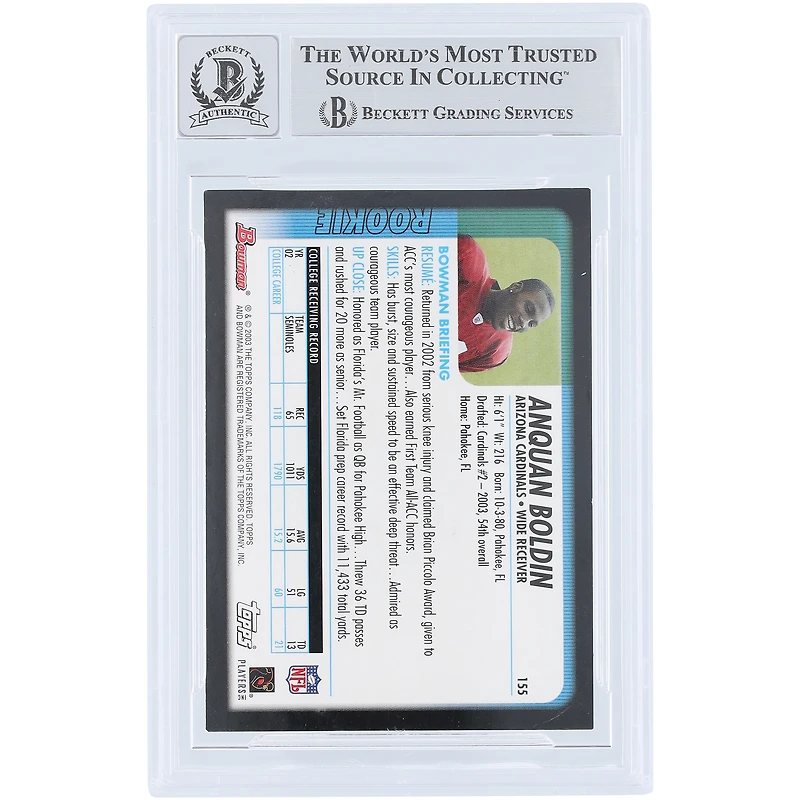Carte de recrue 2003 Bowman n° 155 d'Anquan Boldin (Arizona Cardinals), authentifiée par Fanatics Witnessed (Beckett).