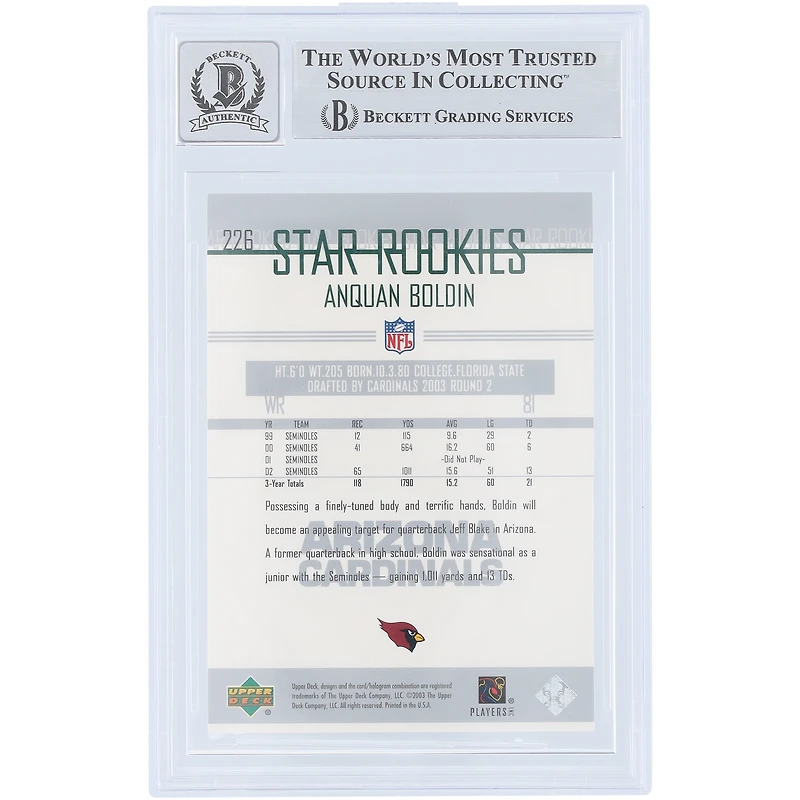 Carte de recrue autographiée d'Anquan Boldin (Arizona Cardinals), 2003 Upper Deck n° 226, authentifiée Beckett Fanatics Witnessed (9/10).