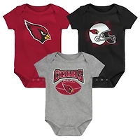 Infant Cardinal/Black/Heathered Gray Arizona Cardinals 3-Pack Game On Bodysuit Set
