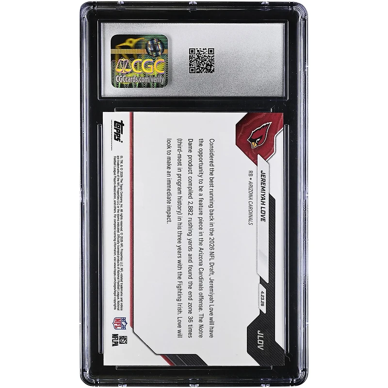 Jeremiyah Love Arizona Cardinals 2026 Topps Now Cardinals 3rd Overall '26 NFL Draft Selection #JLOV CGC Authenticated GEM MINT 10 Rookie Card