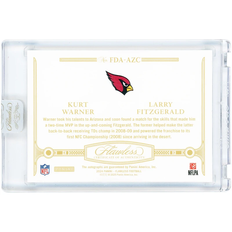 Kurt Warner & Larry Fitzgerald Arizona Cardinals Autographed 2024 Panini Flawless Sapphire Franchise Dual #FDA-AZC #9/10 Card