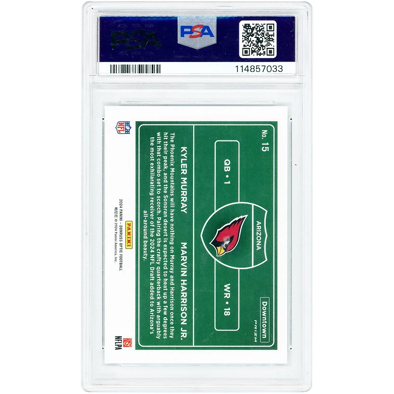 Carte de recrue Kyler Murray & Marvin Harrison Jr. Arizona Cardinals 2024 Panini Donruss Optic Downtown Duos #15 authentifiée PSA 10