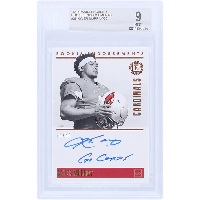Kyler Murray Arizona Cardinals Autographed 2019 Panini Encased Rookie Endorsements #RE-KMU #25/50 BGS Authenticated 9 Rookie Card with "Go Cards" Inscription