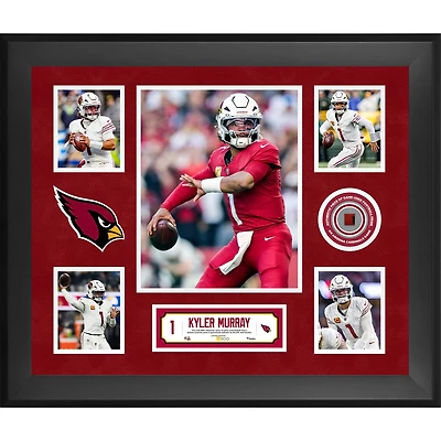 Collage encadré de 5 photos de Kyler Murray (Arizona Cardinals) avec un morceau de ballon de football américain utilisé lors d'un match - Édition limitée à 500 exemplaires
