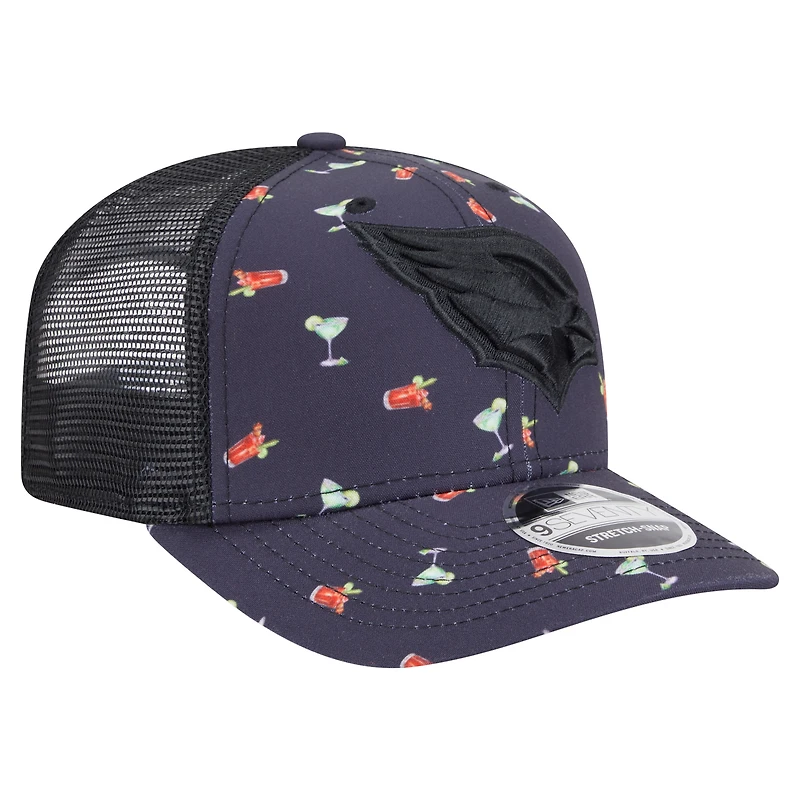 Men's New Era Navy/Black Arizona Cardinals Adventure Drinks Pattern 9SEVENTY Stretch-Snap Hat