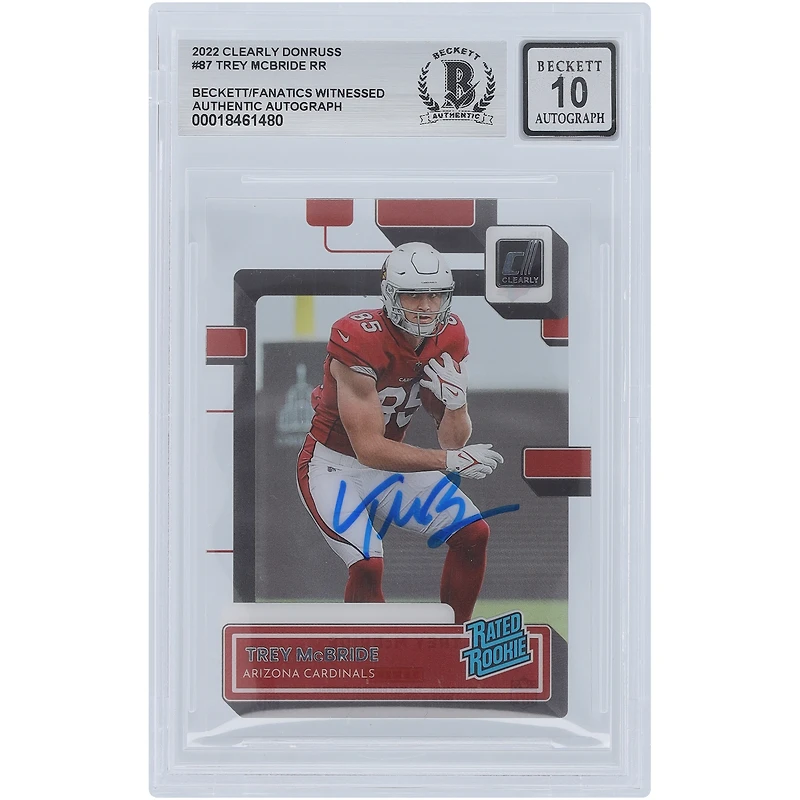 Trey McBride Arizona Cardinals Autographed 2022 Panini Clearly Donruss Rated Rookie #87 Beckett Fanatics Witnessed Authenticated 10 Rookie Card