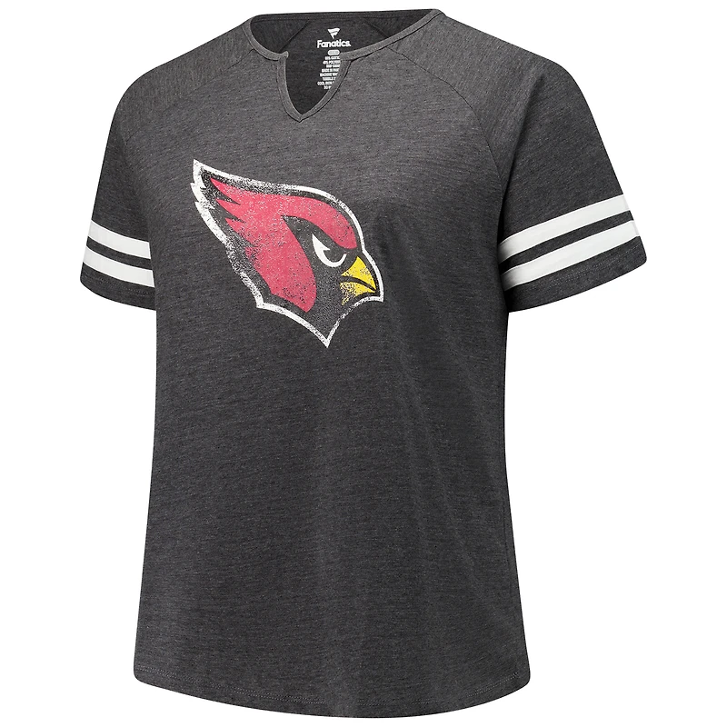 T-shirt à col cranté raglan rayé avec logo grande taille Fanatics Charcoal Arizona Cardinals pour femmes