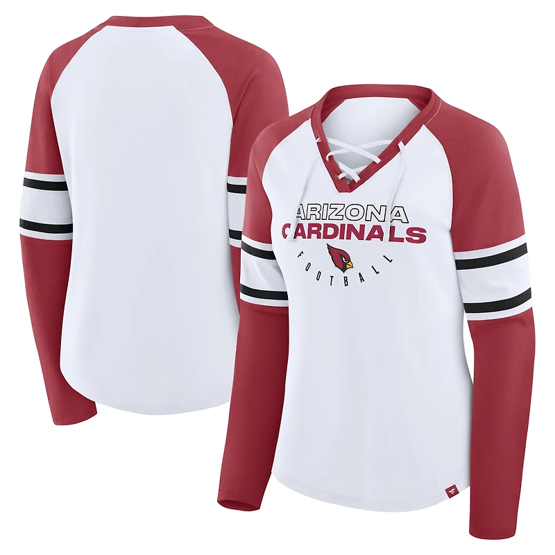 T-shirt à manches longues et col en V lacets pour femme, motif raglan, blanc/cardinal, Arizona Cardinals Redzone Blitz Package