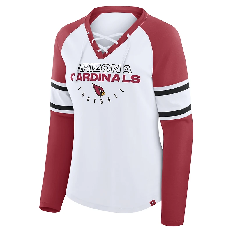 T-shirt à manches longues et col en V lacets pour femme, motif raglan, blanc/cardinal, Arizona Cardinals Redzone Blitz Package