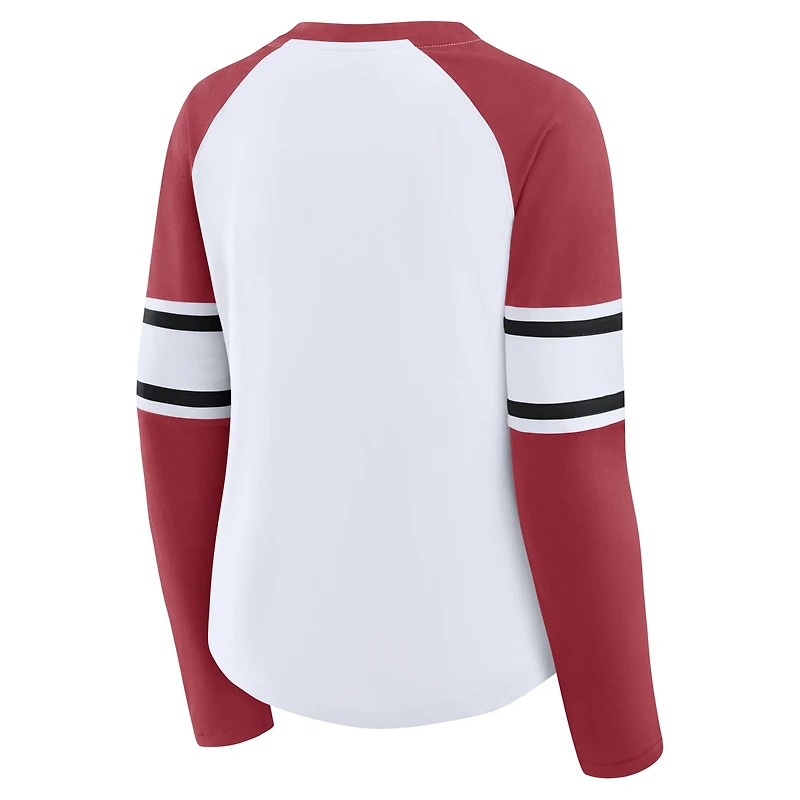 T-shirt à manches longues et col en V lacets pour femme, motif raglan, blanc/cardinal, Arizona Cardinals Redzone Blitz Package