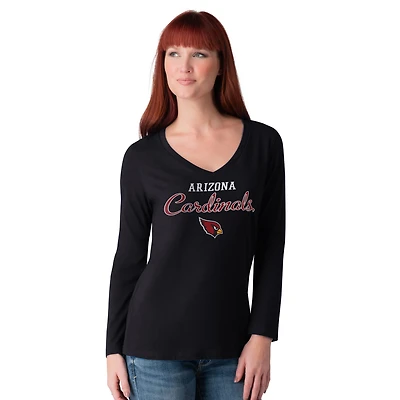 T-shirt à manches longues et col en V pour femme G-III 4Her par Carl Banks, noir, Arizona Cardinals