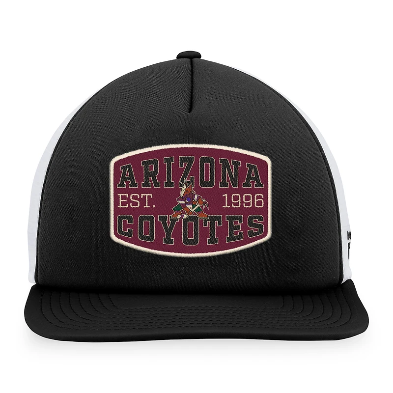 Casquette Snapback de camionneur en mousse avec patch avant en mousse pour hommes Fanatics noir/blanc Arizona Coyotes