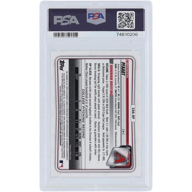 Brandon Pfaadt Arizona Diamondbacks Autographed 2020 Bowman Chrome 1st Bowman Green Refractor #CDA-BP #50/99 PSA Authenticated 9 Card