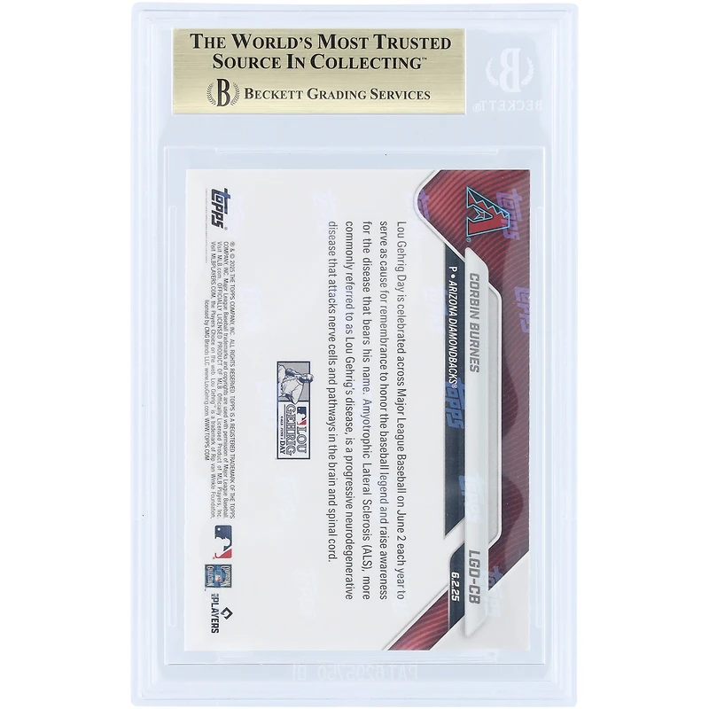 Corbin Burnes Arizona Diamondbacks 2025 Topps Now Lou Gehrig Day #LGD-CB Carte authentifiée BGS 10 - Sous-notes 9,5, 10, 10, 10 -