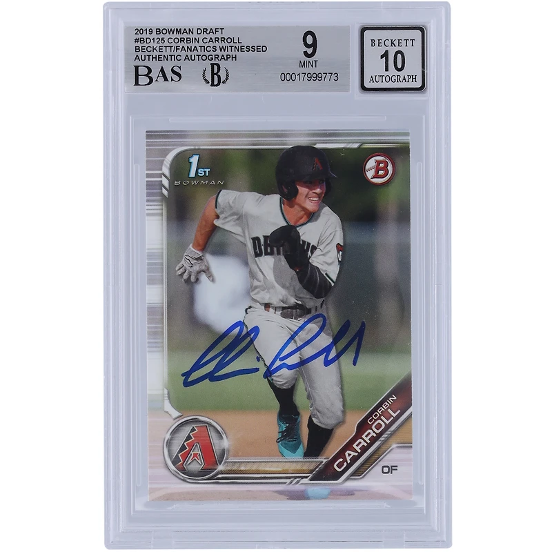 Corbin Carroll Arizona Diamondbacks Autographed 2019 Bowman Draft #BD-125 Beckett Fanatics Witnessed Authenticated 9/10 Card