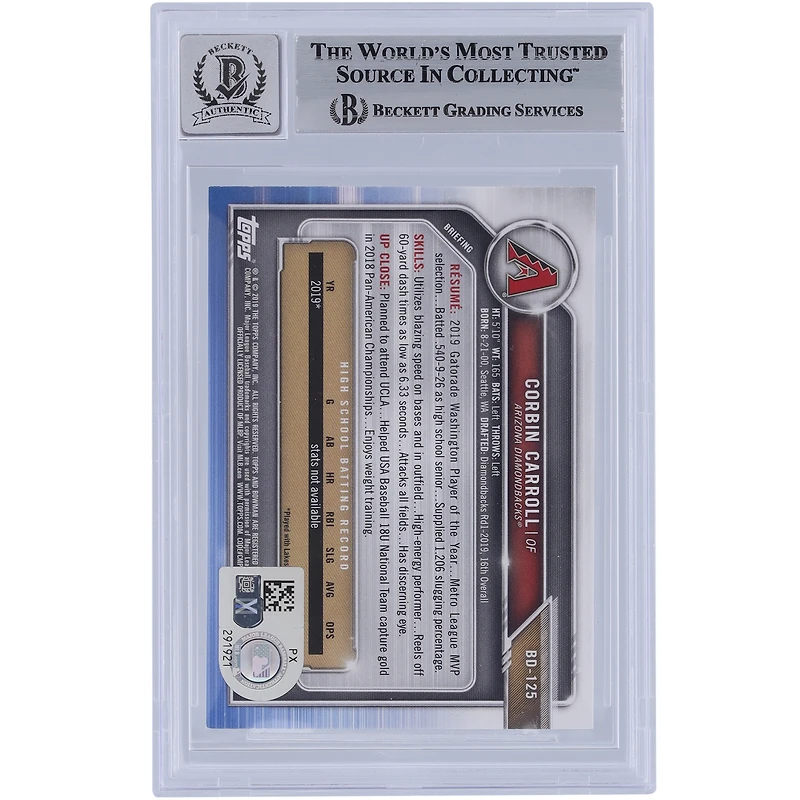 Corbin Carroll Arizona Diamondbacks autographié 2019 Bowman Draft #BD-125 Beckett Fanatics Witnessed Authenticated 9/10 Card