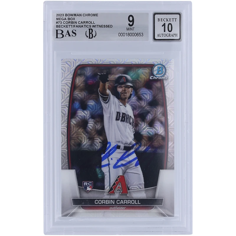 Corbin Carroll Arizona Diamondbacks autographié 2023 Bowman Chrome Mega Box #73 Beckett Fanatics Witnessed Authenticated 9/10 Rookie Card