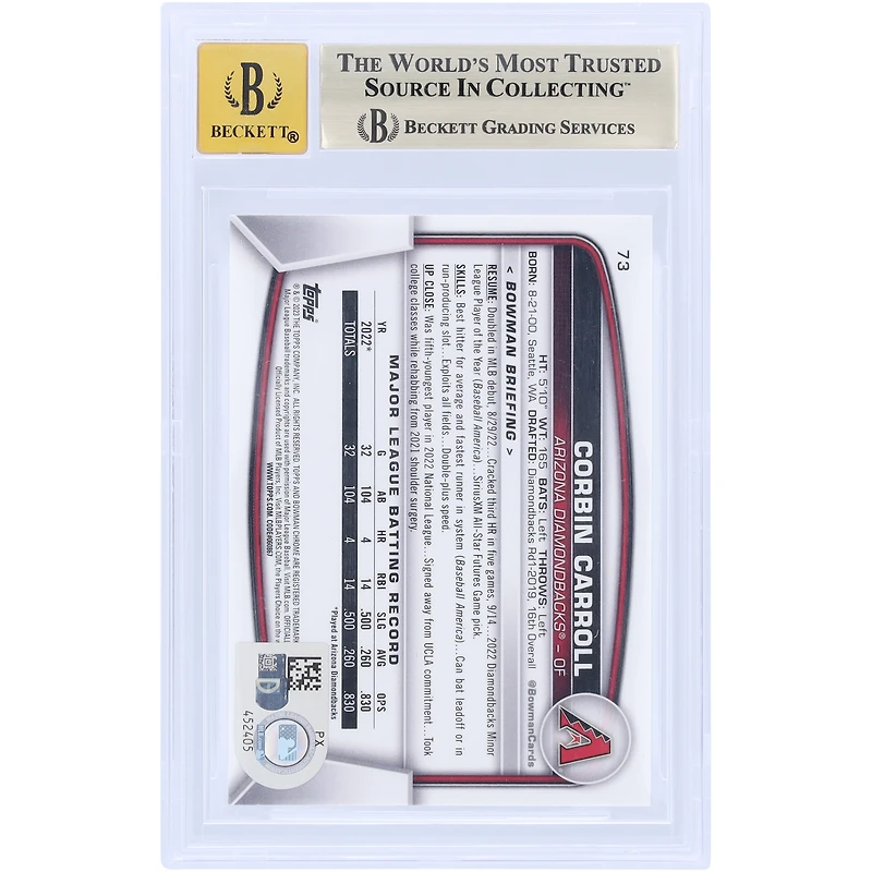 Corbin Carroll Arizona Diamondbacks Autographed 2023 Bowman Chrome Mega Box #73 Beckett Fanatics Witnessed Authenticated 9.5/10 Rookie Card