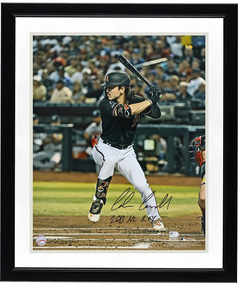 Corbin Carroll Arizona Diamondbacks Autographed 2023 National League Rookie of the Year 16" x 20" Black Jersey Hitting Photograph with "2023 NL ROY" Inscription