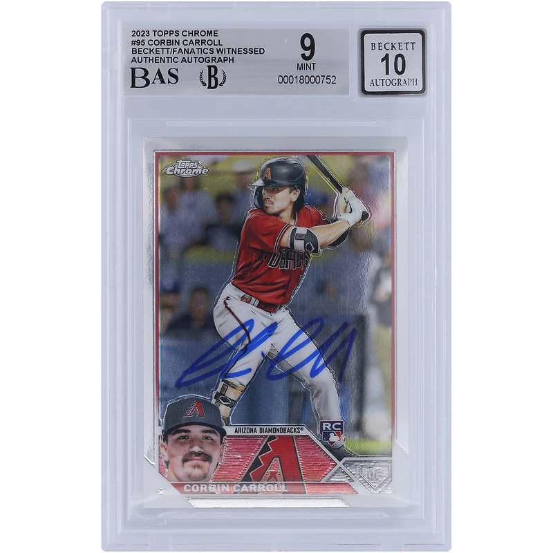 Corbin Carroll Arizona Diamondbacks autographié 2023 Topps Chrome #95 Beckett Fanatics a été témoin d'une carte recrue authentifiée 9/10