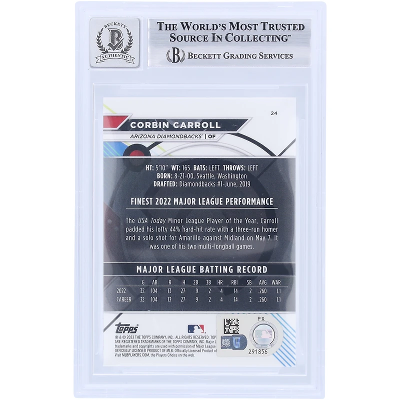 Corbin Carroll Arizona Diamondbacks autographié 2023 Topps Finest #24 Beckett Fanatics a été témoin d'une carte de recrue authentifiée 10