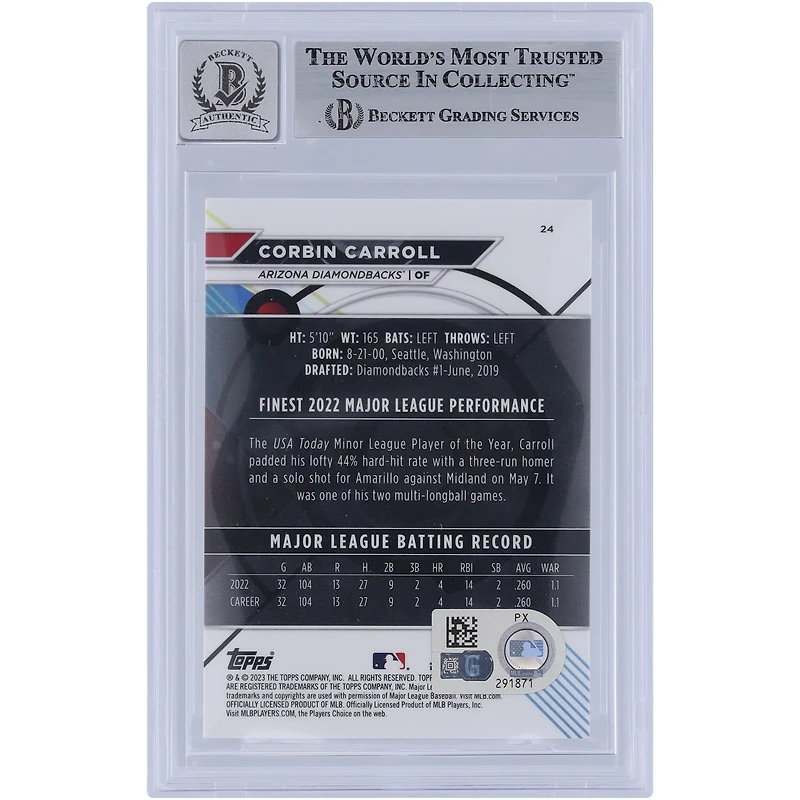 Corbin Carroll Arizona Diamondbacks Autographed 2023 Topps Finest #24 Beckett Fanatics Witnessed Authenticated 9/10 Rookie Card