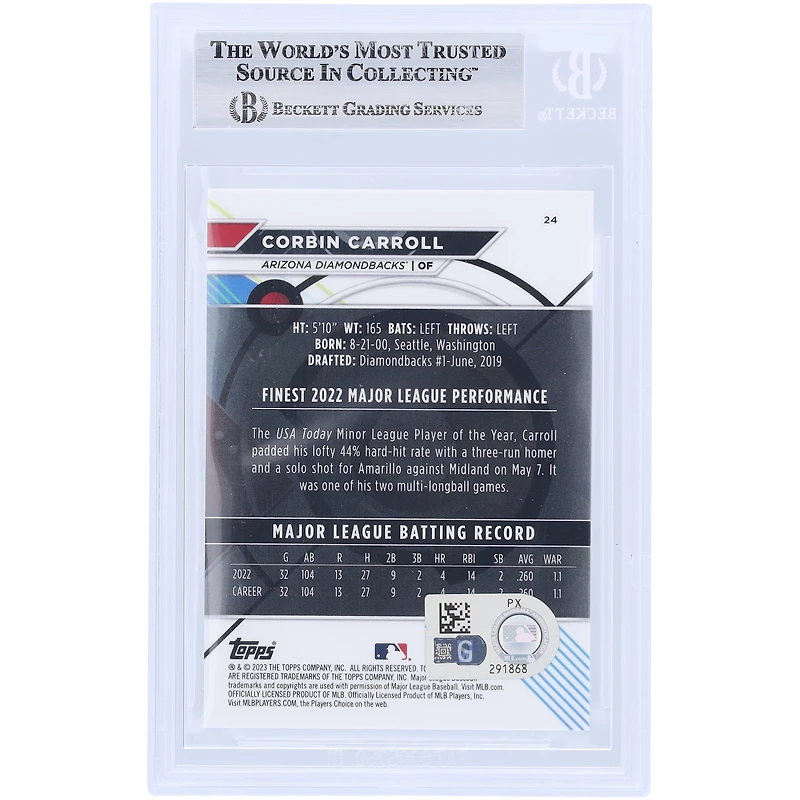 Corbin Carroll Arizona Diamondbacks autographié 2023 Topps Finest #24 Beckett Fanatics a vu une carte de recrue authentifiée