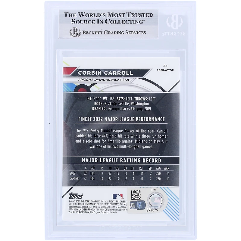 Corbin Carroll Arizona Diamondbacks Autographed 2023 Topps Finest Refractors #24 Beckett Fanatics Witnessed Authenticated Rookie Card