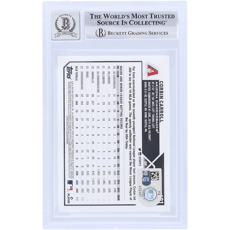 Corbin Carroll Arizona Diamondbacks Autographed 2023 Topps #401 Beckett Fanatics Witnessed Authenticated 10 Rookie Card