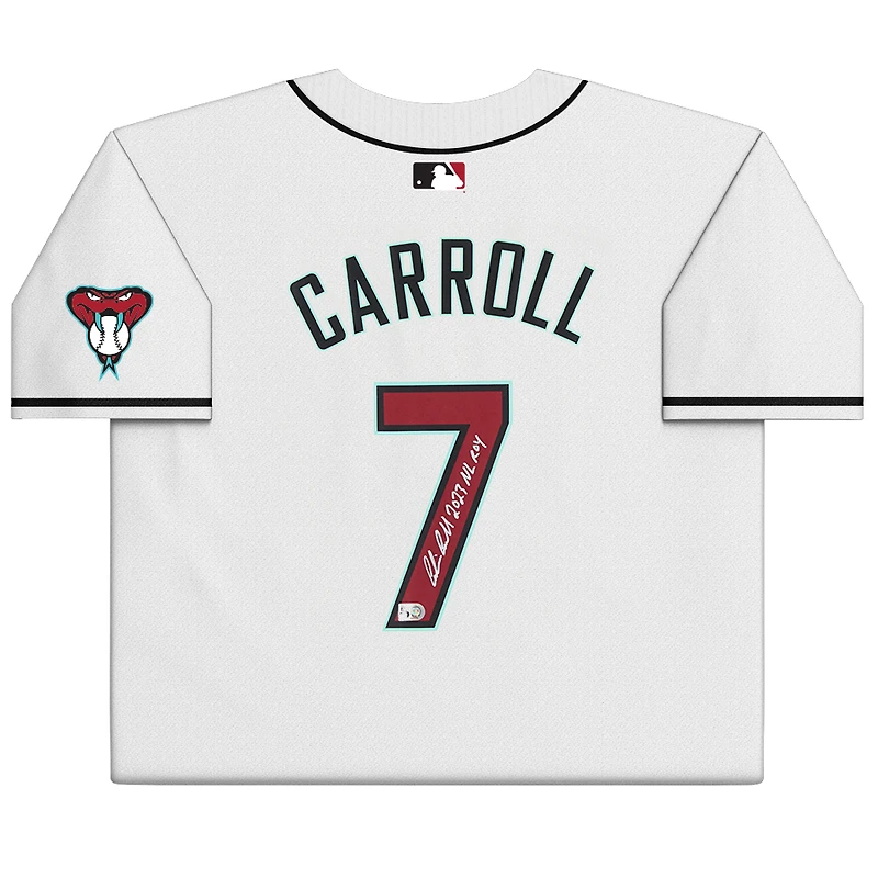 Maillot blanc Nike Limited autographié par Corbin Carroll des Arizona Diamondbacks avec inscription « Recrue de l'année 2023 de la Ligue nationale ».