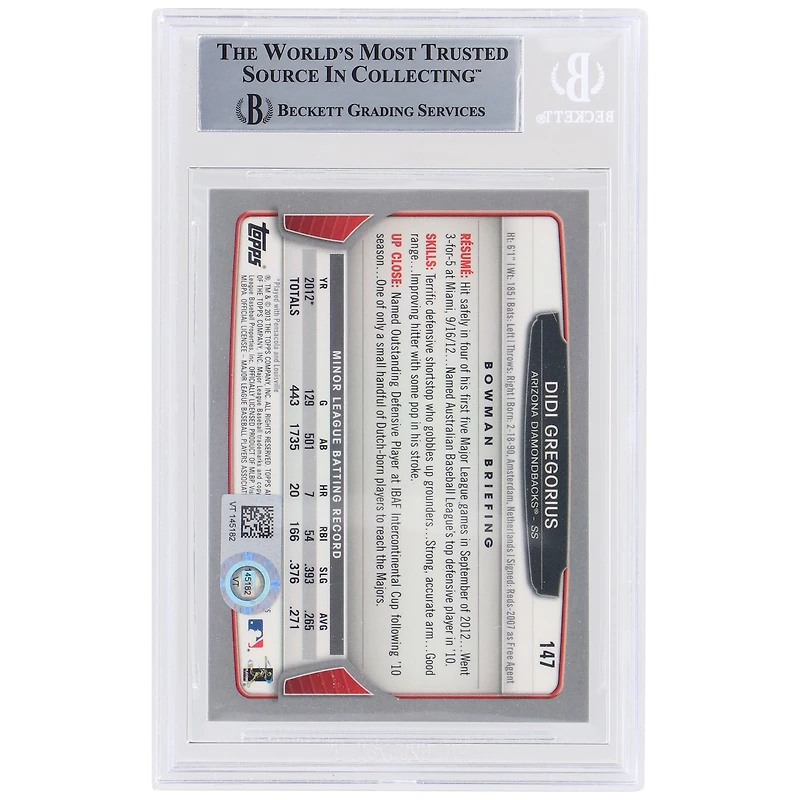 Carte de recrue authentifiée autographiée par Didi Gregorius des Diamondbacks de l'Arizona, Bowman Chrome #147 de 2013, présentée par les fanatiques de Beckett
