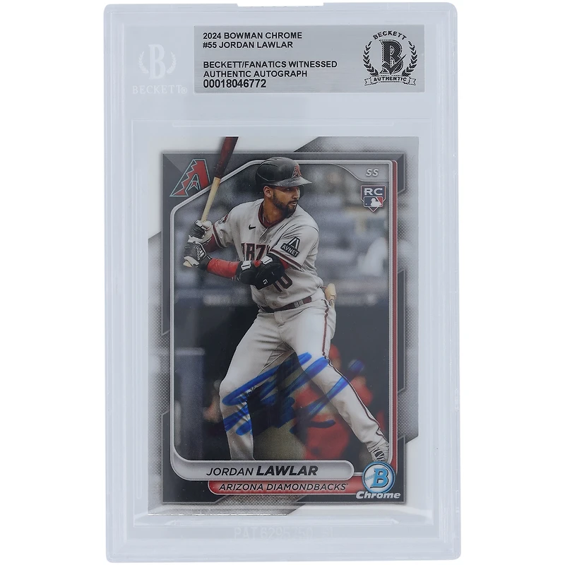 Jordan Lawlar Arizona Diamondbacks autographié 2024 Bowman Chrome #55 Beckett Fanatics a vu une carte de recrue authentifiée