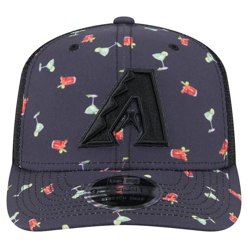 Men's New Era Black Arizona Diamondbacks Adventure Drinks Pattern 9SEVENTY Stretch-Snap Hat