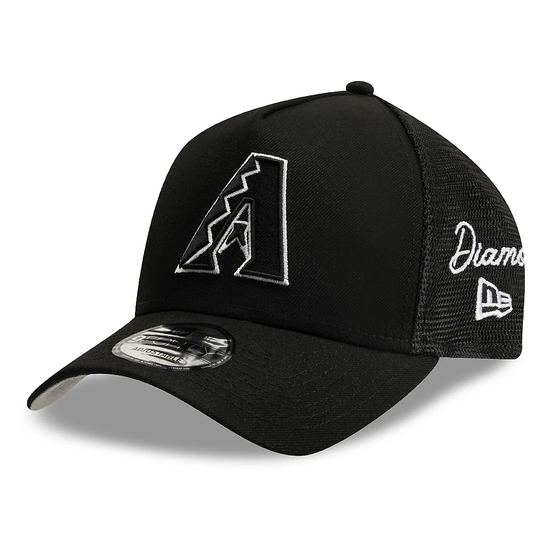 Men's New Era Black Arizona Diamondbacks Side Script 9FORTY A-Frame Trucker Adjustable Hat
