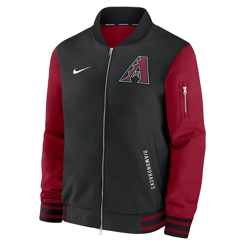 Veste aviateur Nike noire/rouge pour homme, collection authentique des Diamondbacks de l'Arizona, coupe décontractée entièrement zippée.