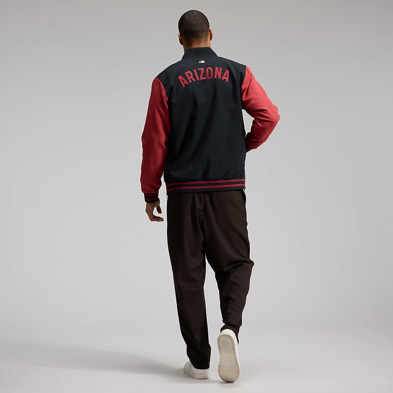 Veste aviateur Nike noire/rouge pour homme, collection authentique des Diamondbacks de l'Arizona, coupe décontractée entièrement zippée.