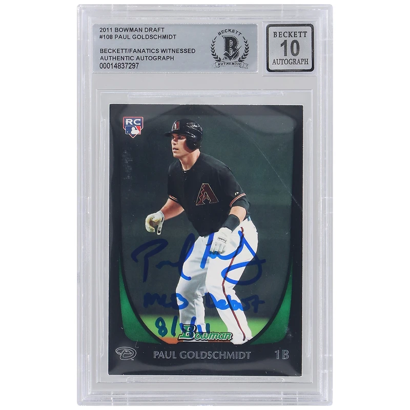 Carte de recrue de Paul Goldschmidt (Arizona Diamondbacks), numéro 108, draft Bowman 2011, authentifiée par Beckett Fanatics Witnessed, avec inscription « Débuts en MLB le 1er août 11».
