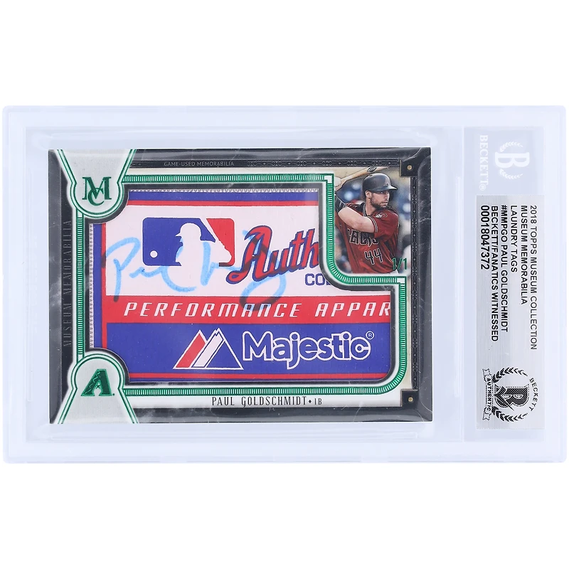 Paul Goldschmidt Arizona Diamondbacks Autographed 2018 Topps Museum Collection Emerald MLB Majestic Laundry Tag Relic #MM-PGO #1/1 Beckett Fanatics Witnessed Authenticated Card