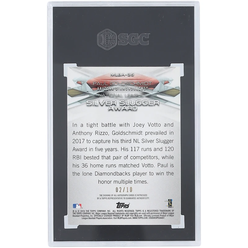 Paul Goldschmidt Arizona Diamondbacks Autographié 2018 Topps Silver Slugger Awards #MLBA-35 #2/10 SGC Authentifié Carte 9.5/10