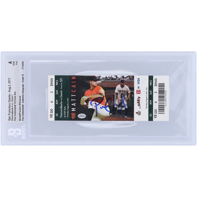 Paul Goldschmidt Arizona Diamondbacks Autographed Beckett Fanatics Witnessed Authenticated Auto 10 Ticket from August 2, 2011 - 1st Career Home Run