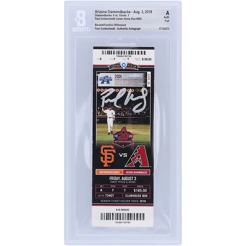 Paul Goldschmidt Arizona Diamondbacks Autographed Beckett Fanatics Witnessed Authenticated Ticket from August 3, 2018 - 200th Career Home Run