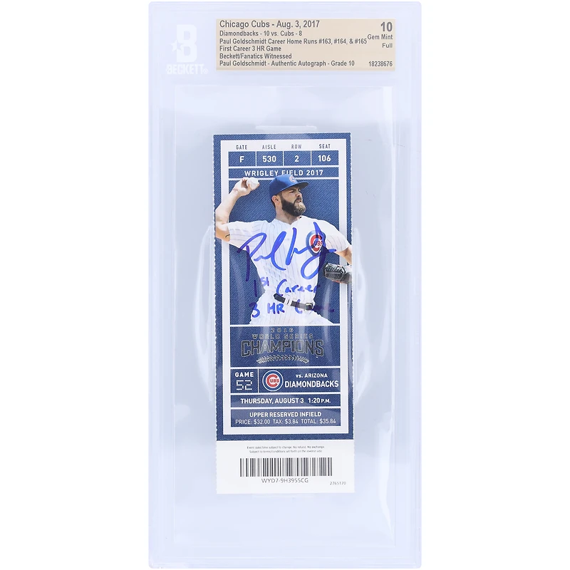 Paul Goldschmidt Arizona Diamondbacks Autographed First Career 3-HR Game Beckett Fanatics Witnessed Authenticated 10/10 Ticket from August 3, 2017 with "1st Career 3 HR Game" Inscription