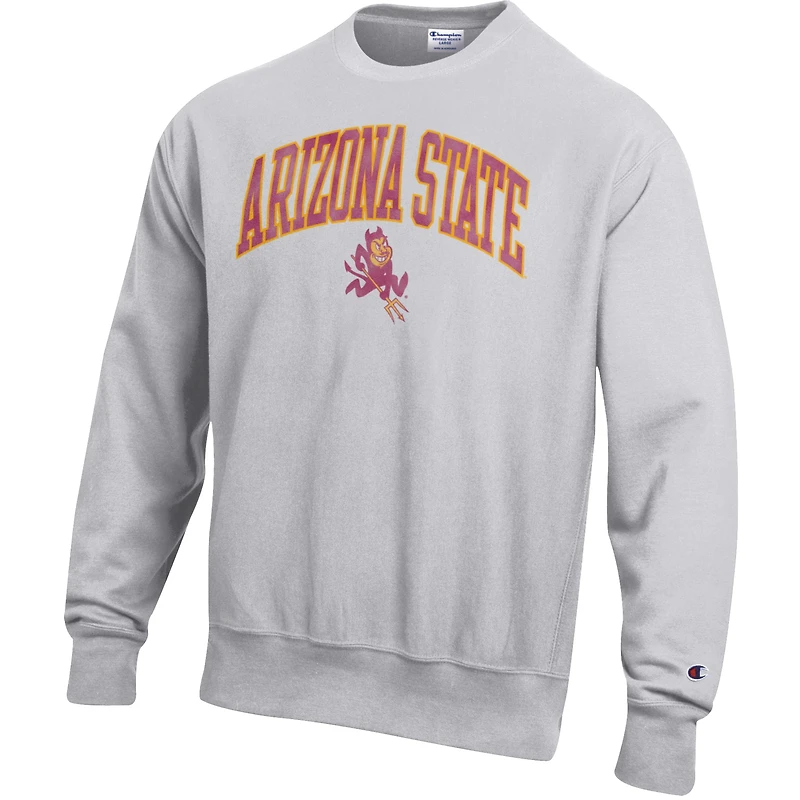 Men's Champion Gray Arizona State Sun Devils Distressed Arch Over Logo Reverse Weave Crew Neck Sweatshirt
